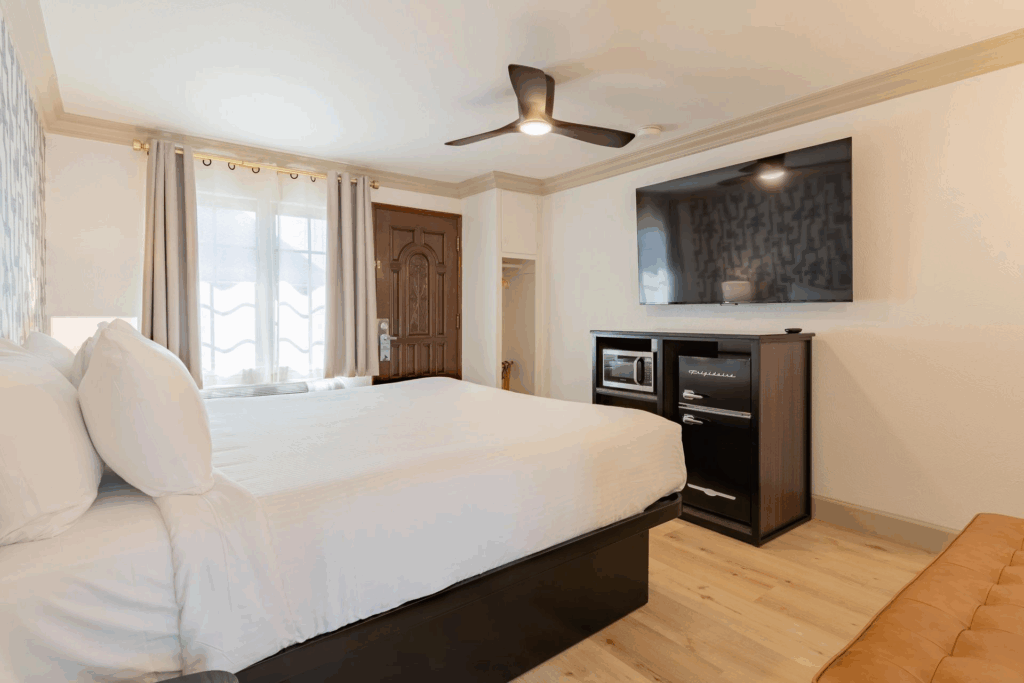 King bed with television and mini fridge