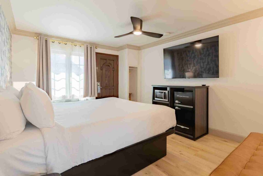 King bed with television and mini fridge